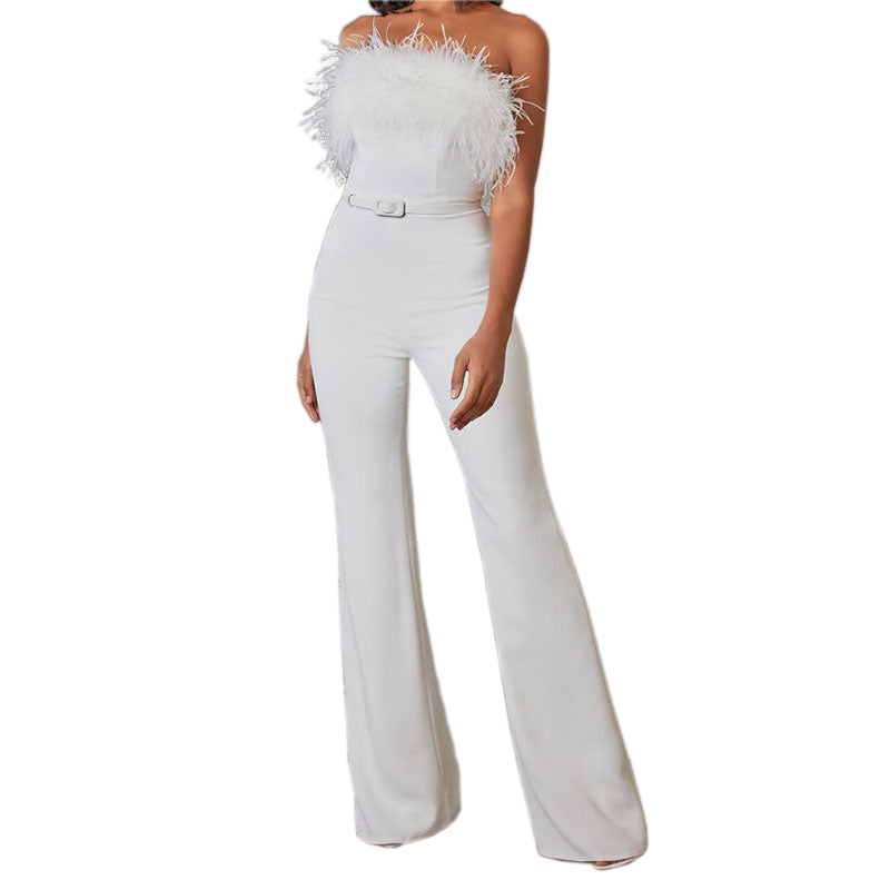 White Formal Elegant Feather Tube Top Tight Jumpsuit - LOASP