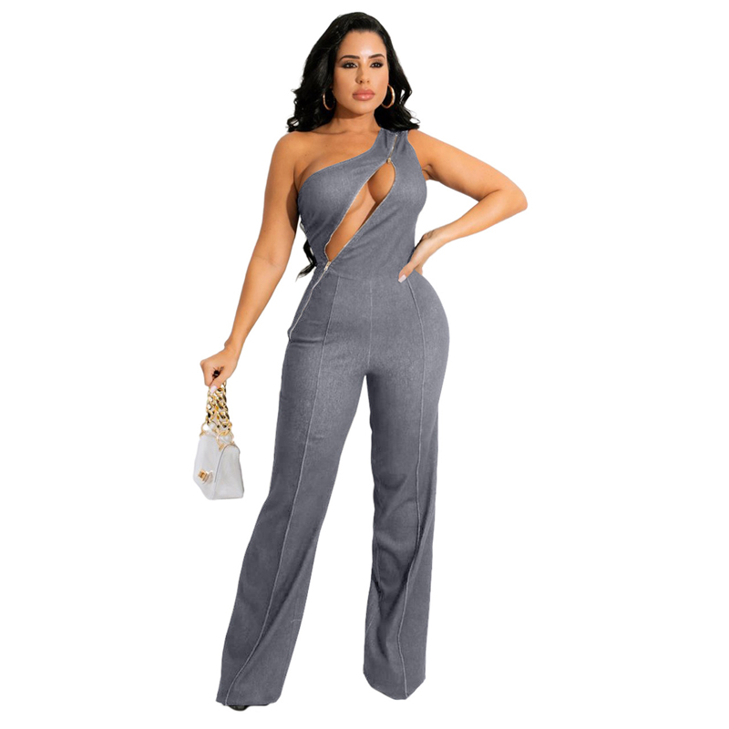 Women Denim Plus Size Wide Leg Zipper Jumpsuit - LOASP