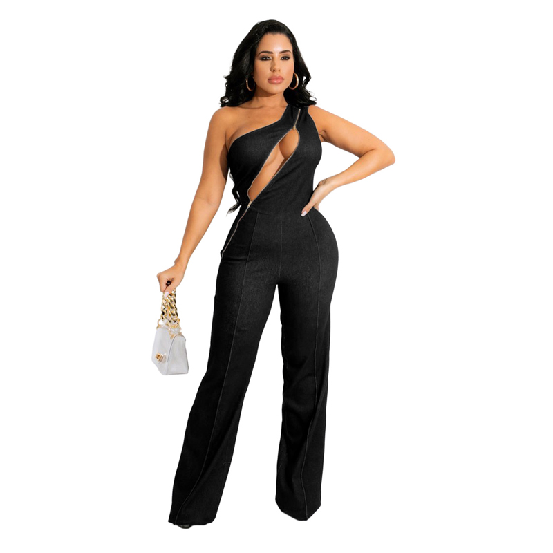 Women Denim Plus Size Wide Leg Zipper Jumpsuit - LOASP