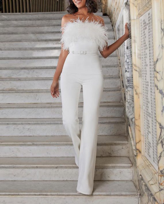 White Formal Elegant Feather Tube Top Tight Jumpsuit - LOASP